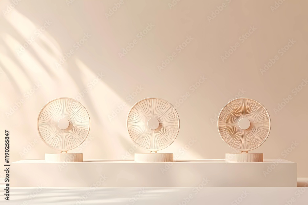 Poster 3d rendering of a beige background with three fans on a podium, in a minimalistic style with a beige