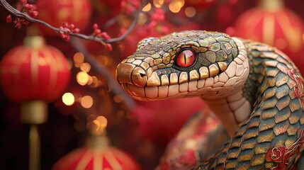 Fototapeta premium Zodiac illustrations showcasing year of the snake decorations with vibrant artistry on a festive red lantern