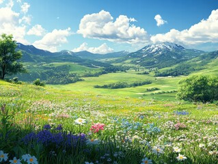 Fototapeta premium A lush green meadow with wildflowers blooming under a clear sky
