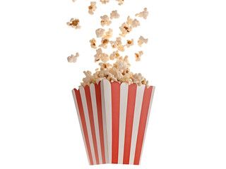 Popcorn flying out of red white striped paper box isolated on white, transparent background, PNG