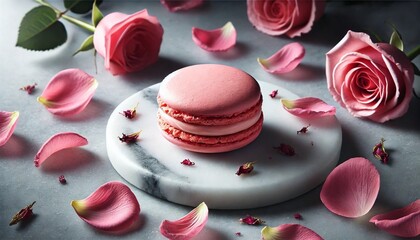 Obraz premium Elegant Pink Macaron with Rose Petals on Marble Tabletop - French Dessert Photography