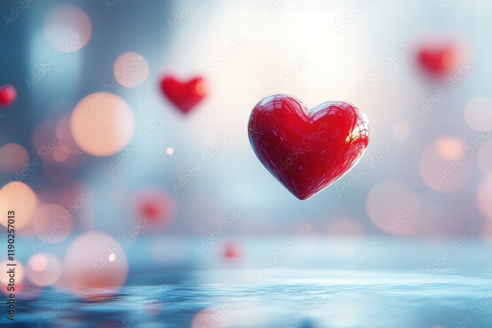 Poster a minimalist background with floating red heart icons drifting in the air, creating a clean and eleg