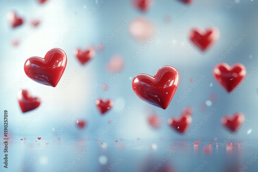 Poster a minimalist background with floating red heart icons drifting in the air, creating a clean and eleg