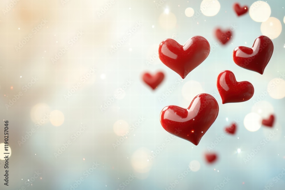 Poster a minimalist background with floating red heart icons drifting in the air, creating a clean and eleg