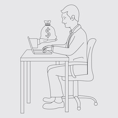 Happy business man, employee at his desk with laptop, tablet and smart phone. Concept for good organization, perfect work flow or software optimization. Hand drawn line art cartoon vector illustration