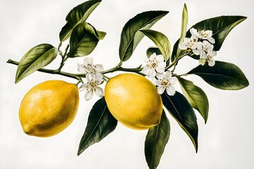 Vintage botanical illustration of a lemon, white background