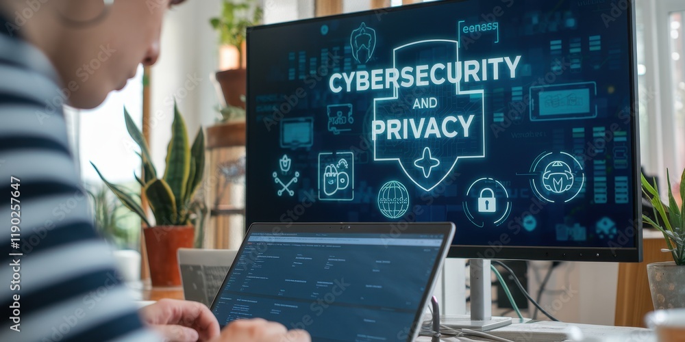 Poster cybersecurity and privacy professional working on a computer