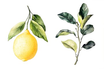 Vintage botanical illustration of a lemon, white background