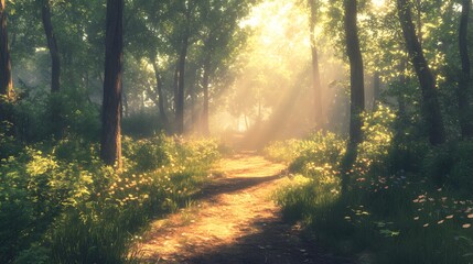 Obraz premium Sunlight passing through trees over a forest trail. Natural beauty concept.
