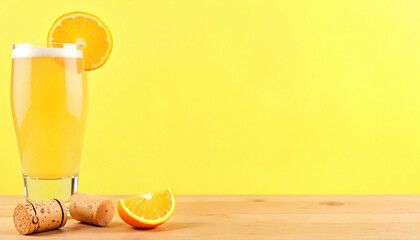 Refreshing mimosa glass with orange slice on wooden table, celebration vibes, National Mimosa Day, with Copy Space