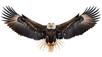 Obraz premium Majestic Eagle Soaring in Flight Against a Crisp White Background for Wildlife Education
