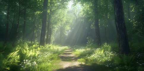 Obraz premium Sunlight bathes a forest path with ferns and wildflowers growing along its edges