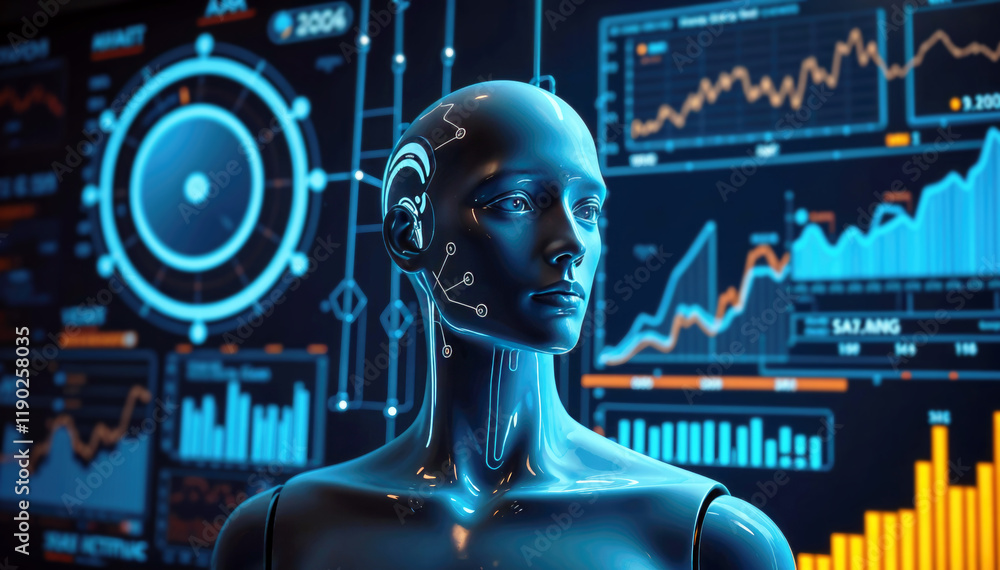Aufkleber ai humanoid against backdrop of data visualizations and charts