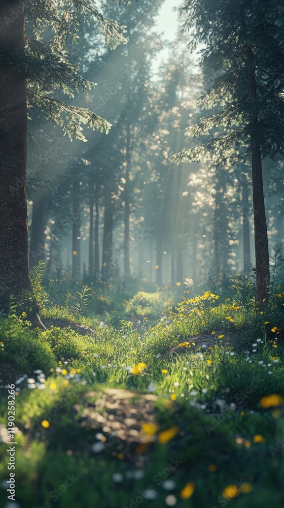 Aufkleber a misty forest with dense trees and soft sunlight filtering through, peaceful atmosphere