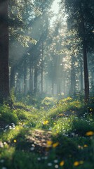 Obraz premium A misty forest with dense trees and soft sunlight filtering through, peaceful atmosphere