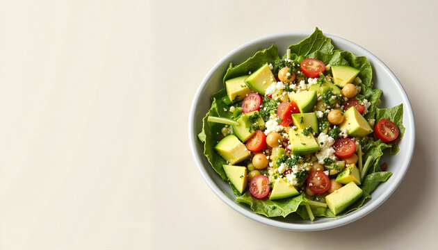 Creamy avocado chickpea salad in minimalist bowl, healthy eating, National Salad Month, with copy space - Powered by Adobe