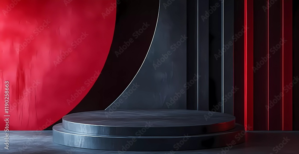 Poster abstract red and black background with a podium for product presentation, mockup. modern minimal geo