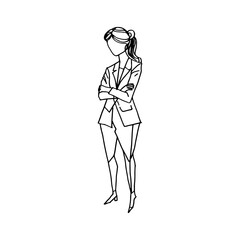 Line drawing of a woman in a business suit standing and crossing her arms.