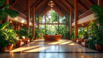 Fototapeta premium A vibrant hotel lobby in a tropical destination, featuring high ceilings with thatched roofs, lush indoor plants, and elegant wooden furniture, all bathed in natural light