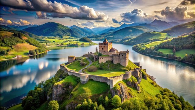Steinturm mit Herz in Sandwellen, a majestic stone fortress with an ancient heart, set amidst rolling hills and serene lakes