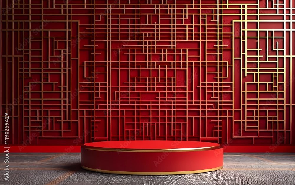 Poster red background, chinese-style architectural pattern on the wall behind, empty circular podium in fro