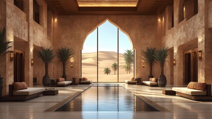 Fototapeta premium A stunning lobby in a desert resort, showcasing warm earth tones, elegant textiles, and large windows framing views of sand dunes and palm trees