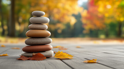 Obraz premium Autumn leaves stacked with smooth stones in nature, perfect for meditation, wellness, tranquility, and zen-inspired designs to promote relaxation and balance concepts. 