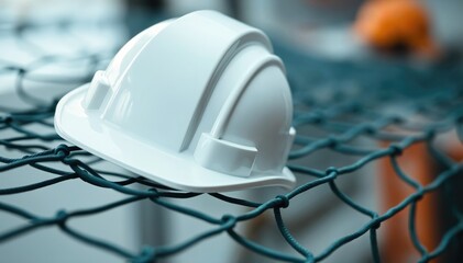 White hard hat resting on green safety net construction site safety