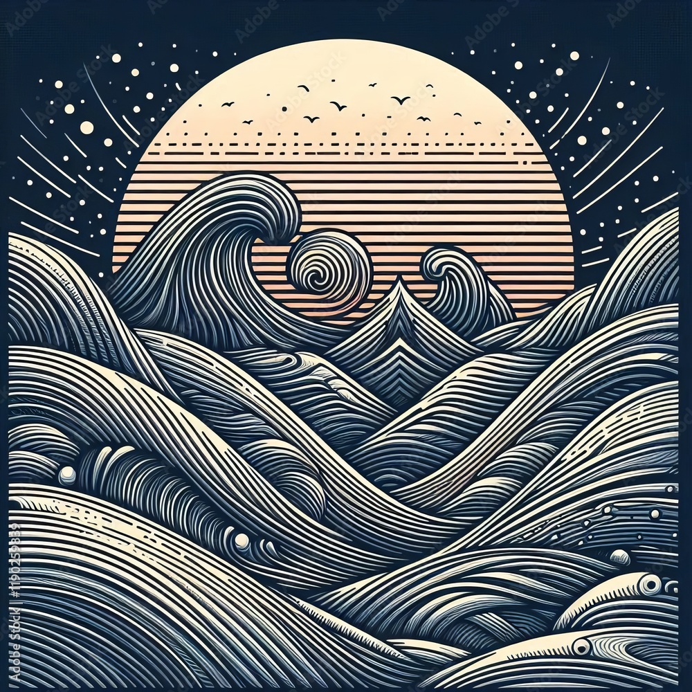 Poster wave pattern lines forming wave like shapes in a repeating patte