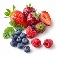 Obraz premium Assorted fresh berry mix featuring raspberries, strawberries, and currants on a white background