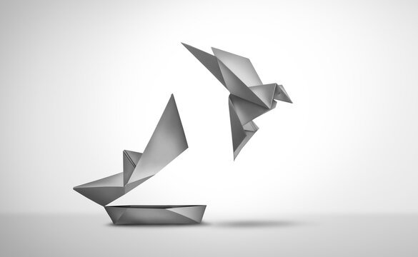Success And Change or Changing for leadership and aspiration or freedom as business transformation innovation and evolution  as childhood to maturity as a paper boat transforming into a flying bird as