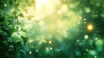 Obraz premium A nature-inspired bokeh background in soft green hues with glowing, floating orbs and a tranquil, dreamlike atmosphere