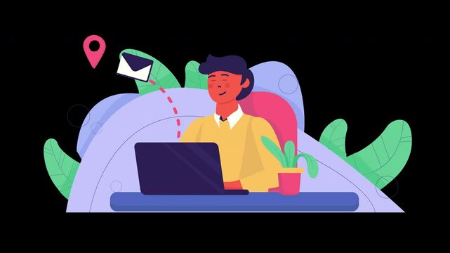 A young man of Asian descent works on a laptop while tracking an email delivery, surrounded by plants.