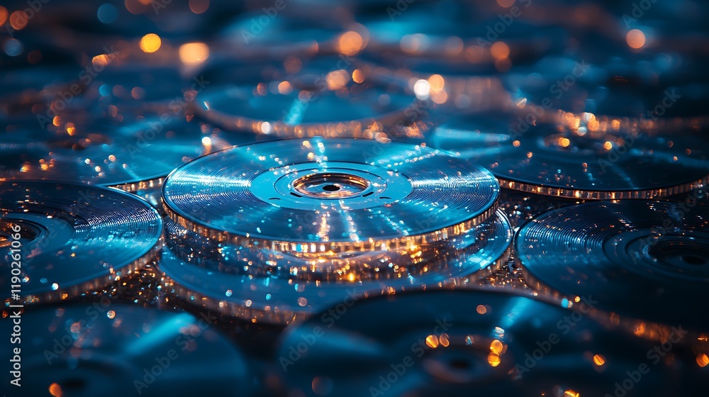 Poster close-up of shiny metallic discs, illuminated with blue and orange lights, creating a technological 
