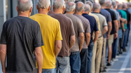 Crowd of waiting people forms a queue standing on the sidewalk on a sunny summer day
