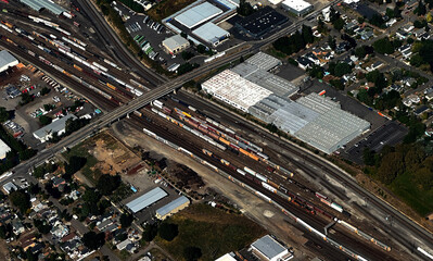 Ariel of rail yard in Portland Oregon.