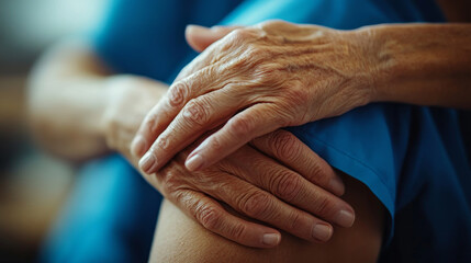 A physical therapist's hands gently massaging a patient's shoulder to aid recovery, relieve pain, and restore mobility.
