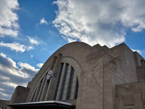 Cincinnati Union Terminal Art Deco facade with clock and carvings