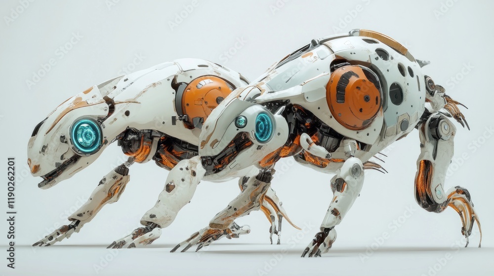 Poster futuristic robotic canines: a digital rendering of two advanced mechanical creatures