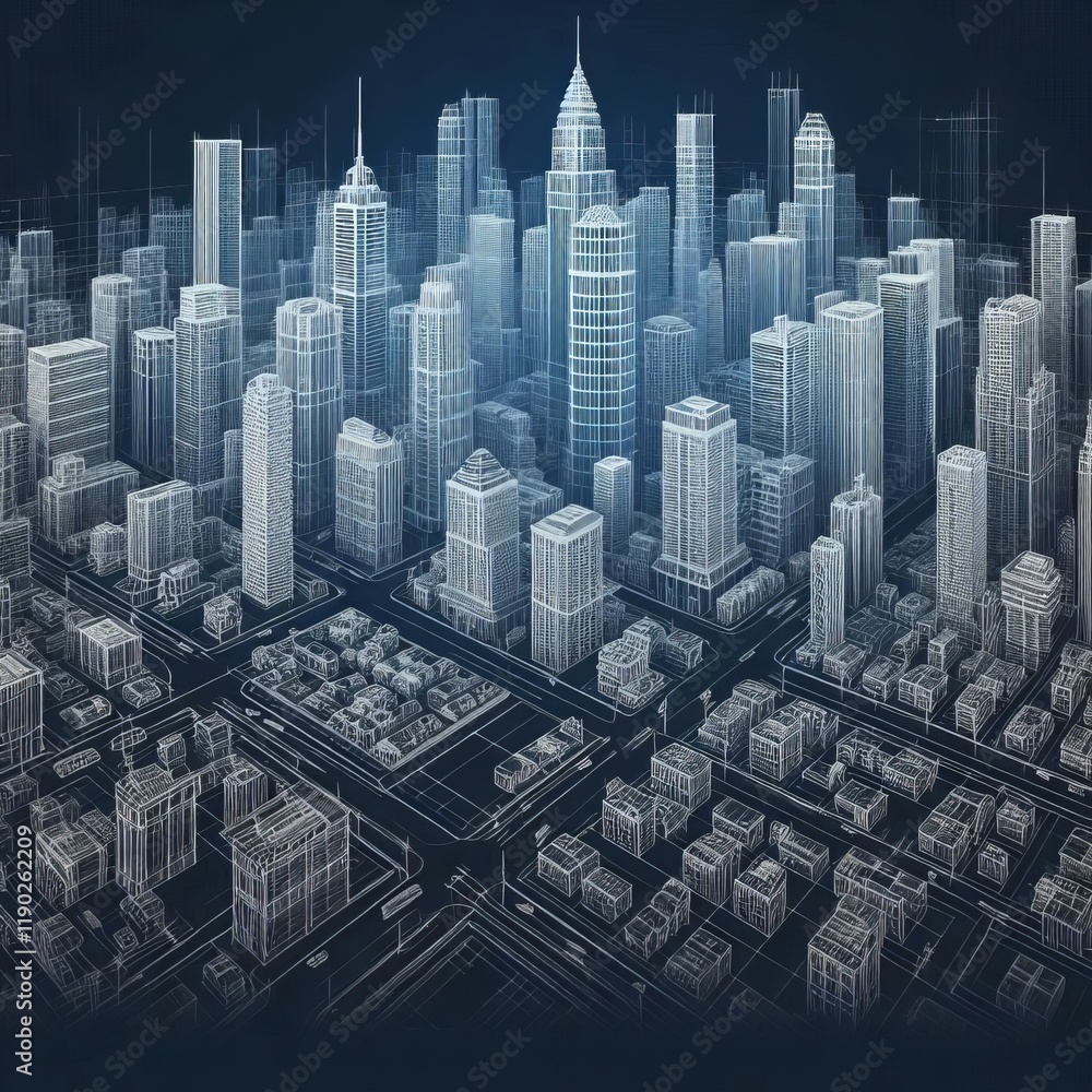 Poster wireframe cityscape a city skyline represented using only the ed