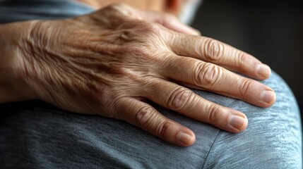 Fototapeta premium A close-up of an elderly hand resting gently on a shoulder, conveying warmth and care.