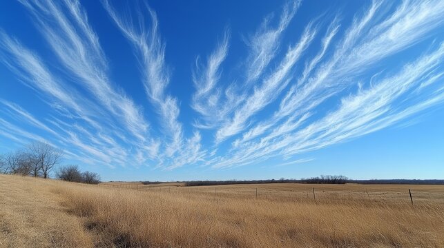 A dramatic skyscape with wispy clouds over a field of dry grasses and sparse trees under a clear blue sky