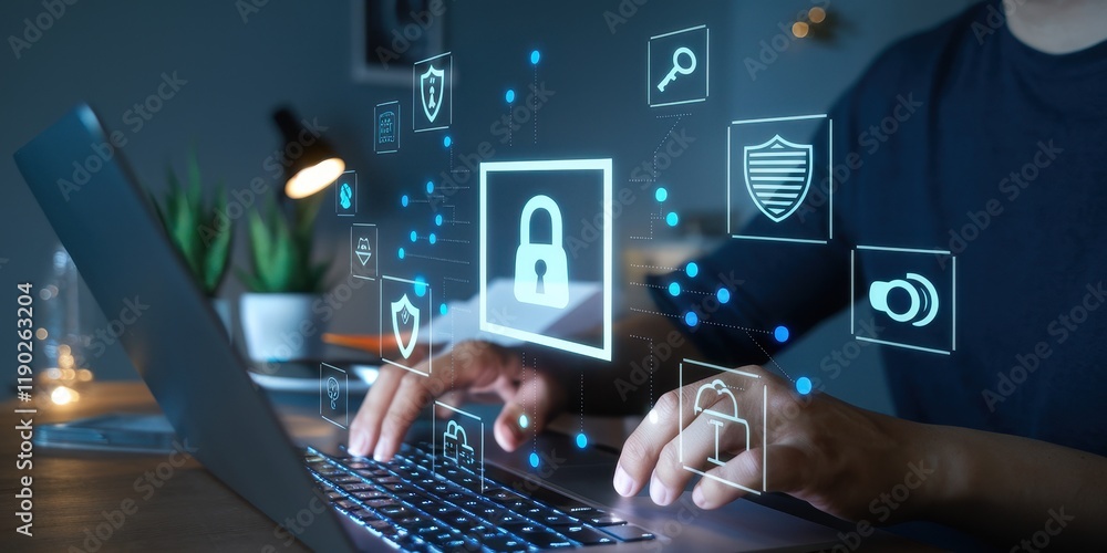 Poster person using laptop with digital security interface displayed