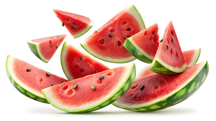 Floating Slices of Fresh Watermelon - Creative composition of floating red watermelon slices with green rinds and seeds, showcasing freshness, juiciness, and vibrant summer energy.
