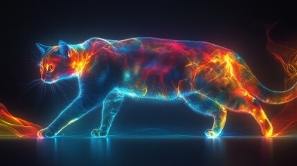A glowing, artistic illustration of a walking cat with vibrant colors and dynamic shapes.