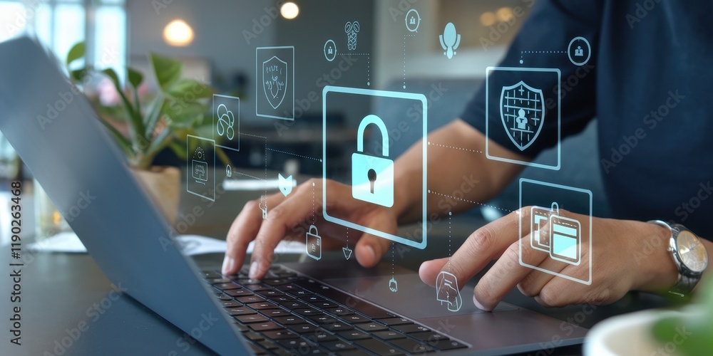Poster person using laptop with digital security interface displayed