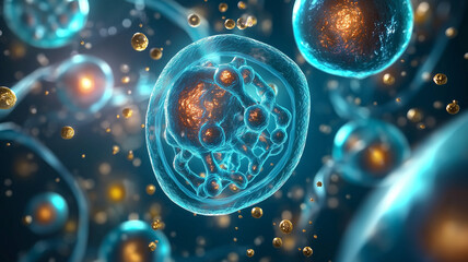 Microscopic view of cells dividing and multiplying in blue science background
