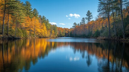 Fototapeta premium A peaceful river flowing through a forest with reflections on the water