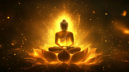 Buddha sits on a lotus flower with a glowing golden light radiating from his body and face, and a halo above his head.