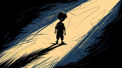 Light and Shadow Metaphor for Clarity in Chaos, Boy in Bright Light Against Dark Background, Silhouette of Boy Illuminated in Darkness